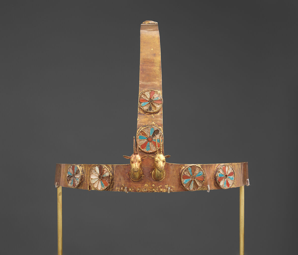 Diadem with a Pair of Gazelle Heads, Gold, carnelian, opaque turquoise glass, decayed crizzled glass 