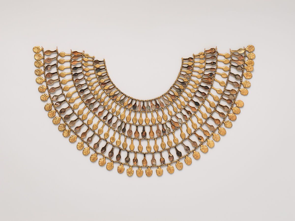 Broad collar of Nefer Amulets, Gold, crizzled glass, Egyptian blue 
