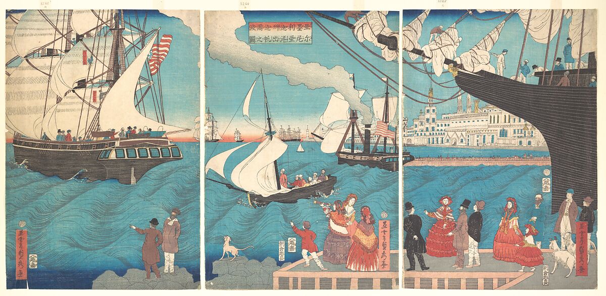 Sailing from a California Port, Utagawa (Gountei) Sadahide (Japanese, 1807–1873), Triptych of woodblock prints; ink and color on paper, Japan 