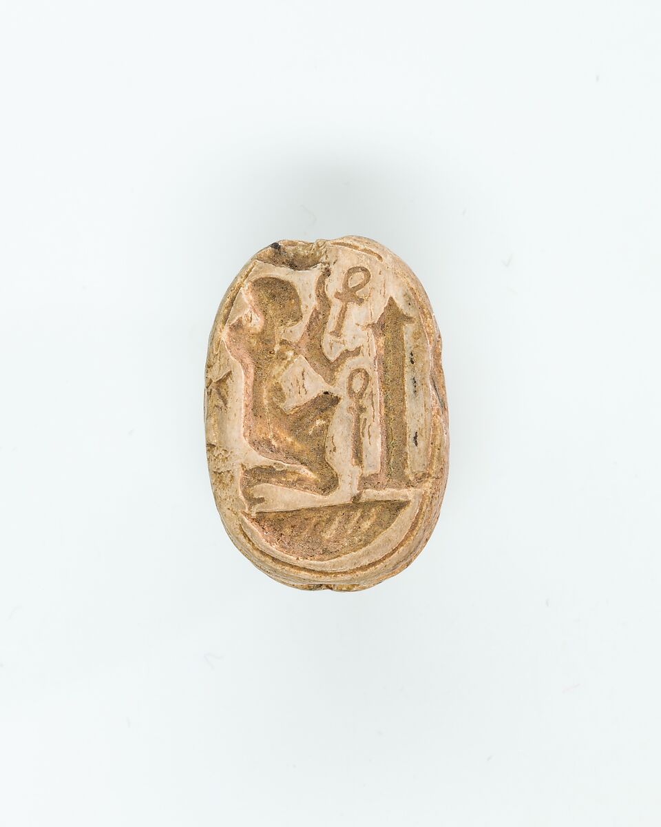 Scarab with a Kneeling Figure Before an Obelisk, Glazed steatite 