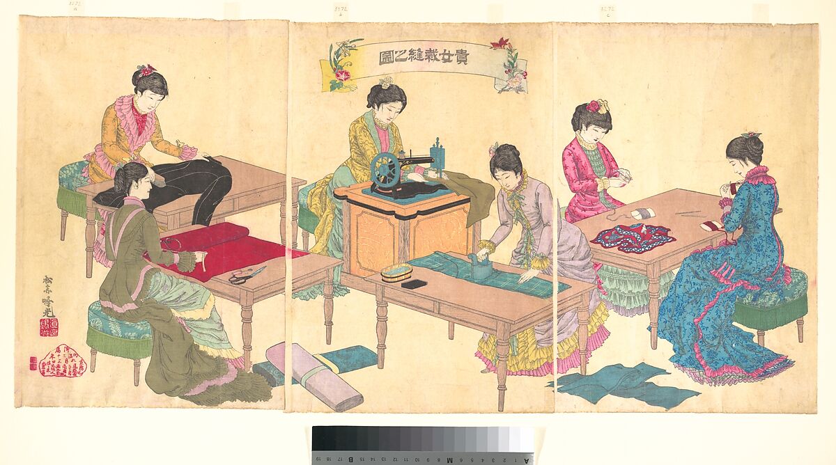 Ladies Sewing  (Kijo saihō no zu), Adachi Ginkō 安達吟光 (Japanese, active 1874–97), Triptych of woodblock prints; ink and color on paper, Japan 