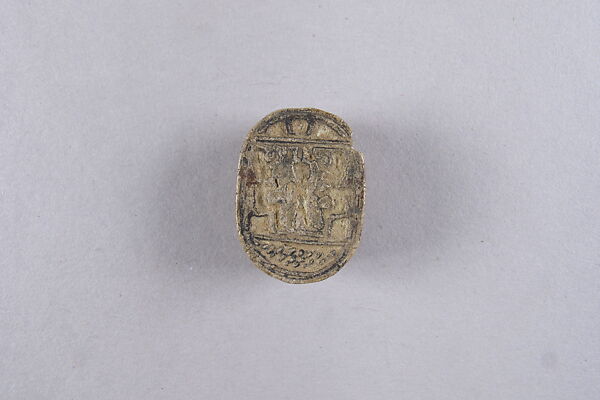 Scarab with the Representation of a Young Sun God with Enthroned Figures, Glazed limestone 