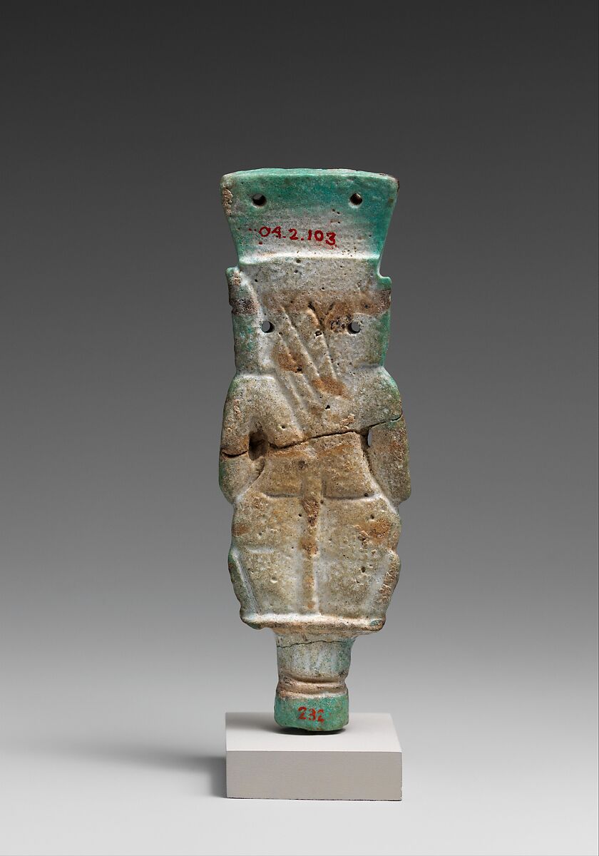 Bes with child on finial, Faience