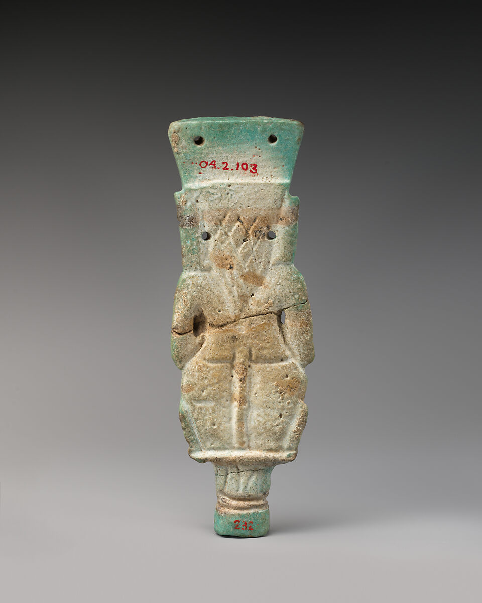 Bes with child on finial, Faience