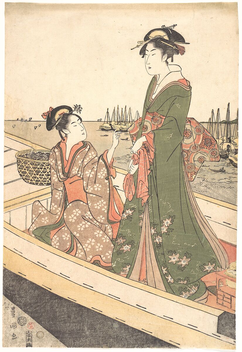 Two Women in a Boat; One  Holding a Basket of Mussels, Utagawa Toyokuni I (Japanese, 1769–1825), Woodblock print; ink and color on paper, Japan 