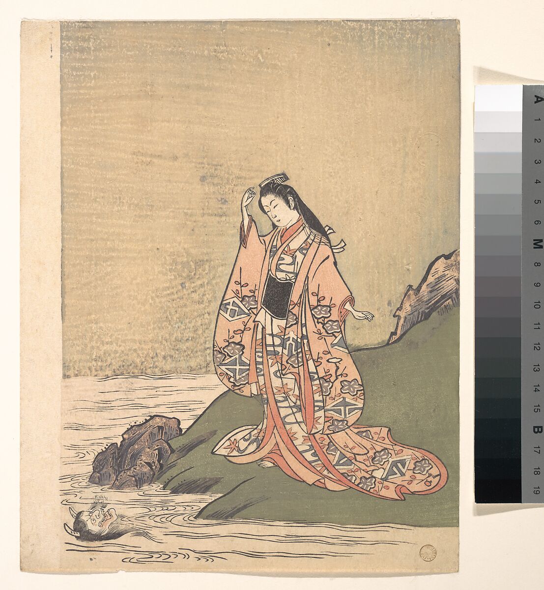 A Girl on the Edge of a Stream Sees a Demon's Head in the Water, Komatsuken Shoshoken (Shakeiko) (1710–1792), Woodblock print; ink and color on paper, Japan 