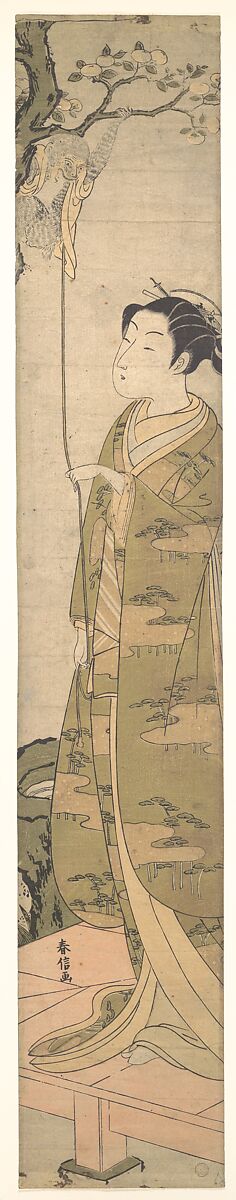 A Woman Playing with a Monkey which Has Climbed a Tree, Suzuki Harunobu (Japanese, 1725–1770), Woodblock print; ink and color on paper, Japan 