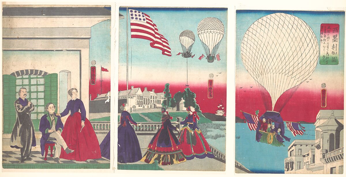 American Balloon Ascension (Amerikakoku), Utagawa Yoshitora (Japanese, active ca. 1850–80), Triptych of woodblock prints; ink and color on paper, Japan 