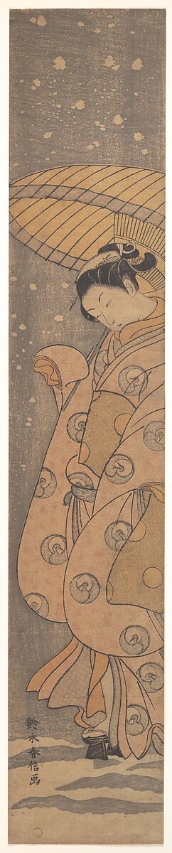Beauty under an Umbrella in the Snow, Suzuki Harunobu (Japanese, 1725–1770), Woodblock print (pillar print); ink and color on paper, Japan 