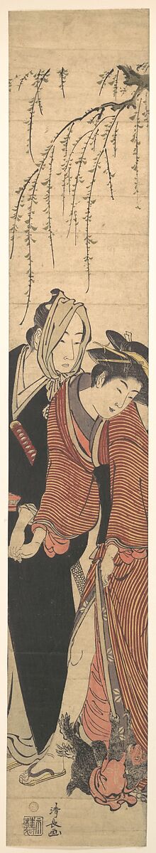 A Couple of Lovers Playing with a Monkey, Torii Kiyonaga (Japanese, 1752–1815), Woodblock print; ink and color on paper, Japan 