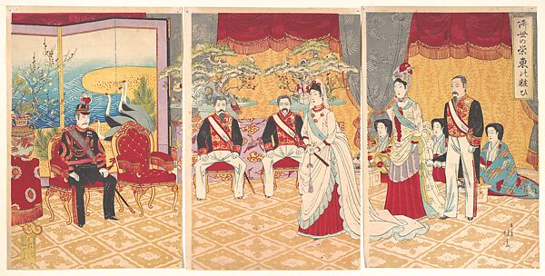 Imperial Prosperity: Ceremony in the Eastern Capital (Miyo no sakae azuma no kewai), Yōsai Nobukazu 楊斎延一 (Japanese, 1872–1944), Triptych of woodblock prints; ink and color on paper, Japan 