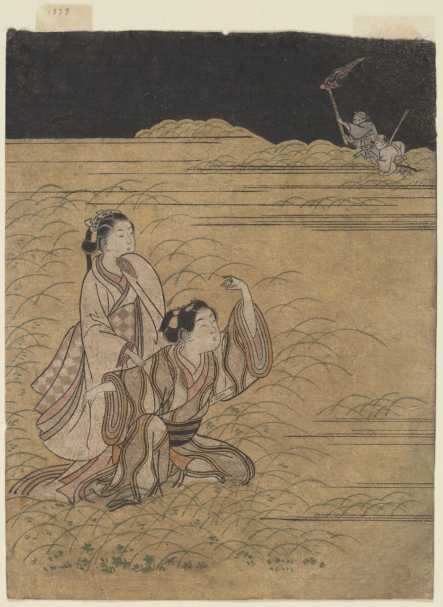 A Young Man and Women in the Moor of Musashino; Parody of the Akuta River episode of the Tale of Ise (Ise monogatari), Attributed to Suzuki Harunobu (Japanese, 1725–1770), Woodblock print; ink and color on paper, Japan 