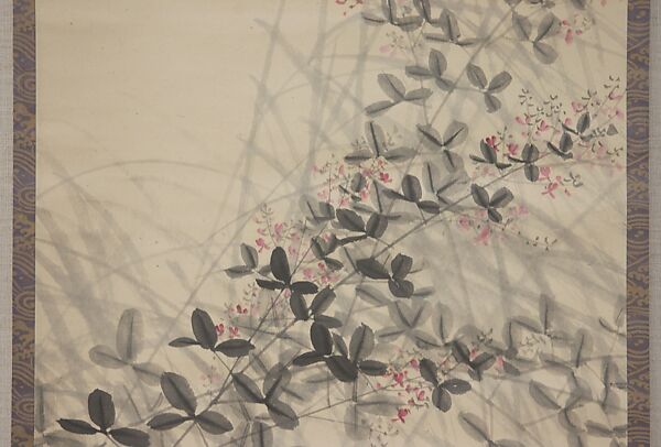 Bush Clover and Full Moon, Attributed to Imao Keinen 今尾景年 (Japanese, 1845–1924), Hanging scroll; ink and color on silk, Japan