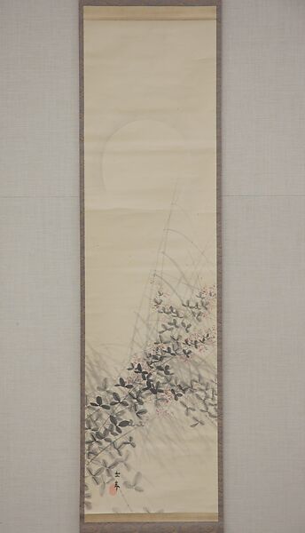 Bush Clover and Full Moon, Attributed to Imao Keinen 今尾景年 (Japanese, 1845–1924), Hanging scroll; ink and color on silk, Japan 