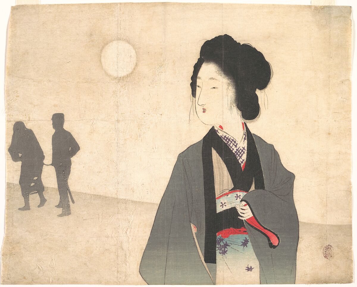 Young Woman Looks at Silhouette of a Male Prisoner being Led Away, Tomioka Eisen (Japanese, 1864–1905), Woodblock print; ink and color on paper, Japan 