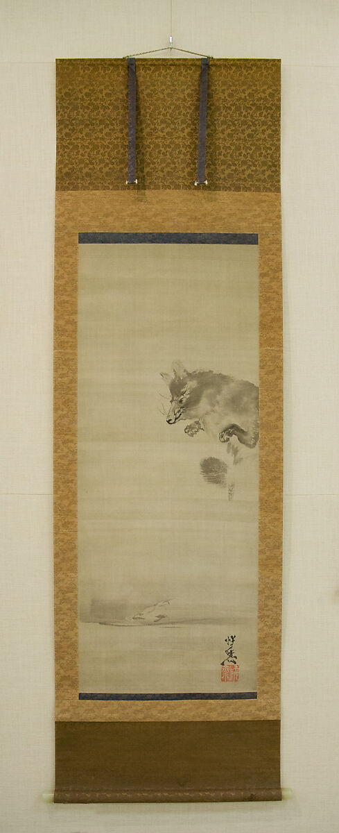 Tanuki (Racoon  Dog) Viewing Its Reflection in Water, Kawanabe Kyōsai 河鍋暁斎 (Japanese, 1831–1889), Hanging scroll; ink on silk, Japan