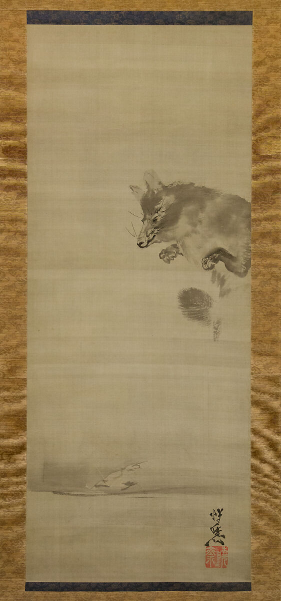Tanuki (Racoon  Dog) Viewing Its Reflection in Water, Kawanabe Kyōsai 河鍋暁斎 (Japanese, 1831–1889), Hanging scroll; ink on silk, Japan 