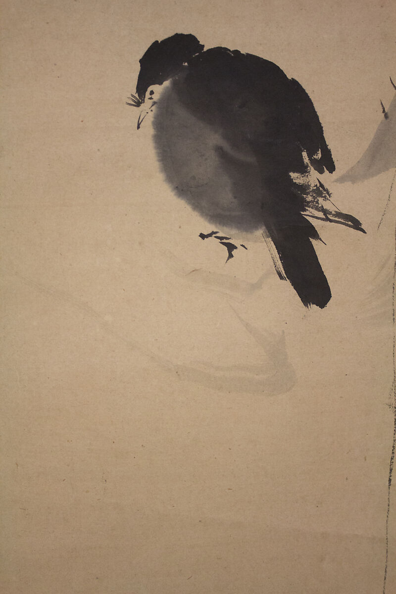 Crested Bird on Stump of Plum Tree, Attributed to Kano Naonobu (Japanese, 1607–1650), Hanging scroll; ink on paper, Japan