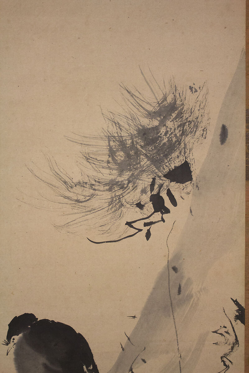 Crested Bird on Stump of Plum Tree, Attributed to Kano Naonobu (Japanese, 1607–1650), Hanging scroll; ink on paper, Japan