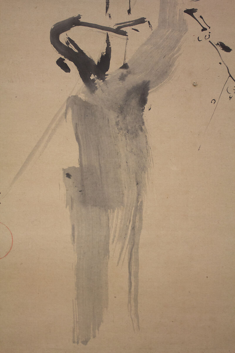 Crested Bird on Stump of Plum Tree, Attributed to Kano Naonobu (Japanese, 1607–1650), Hanging scroll; ink on paper, Japan