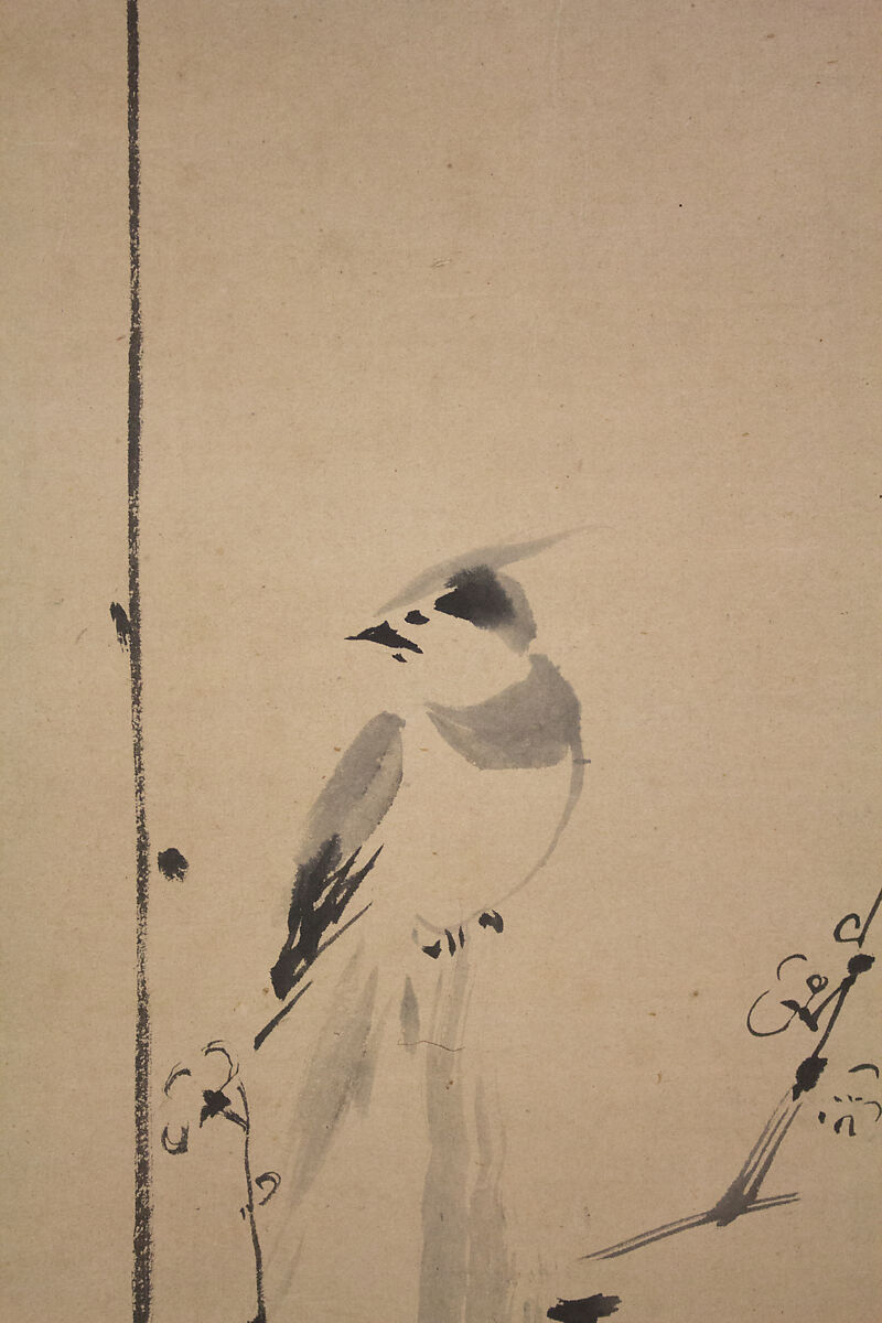 Crested Bird on Stump of Plum Tree, Attributed to Kano Naonobu (Japanese, 1607–1650), Hanging scroll; ink on paper, Japan