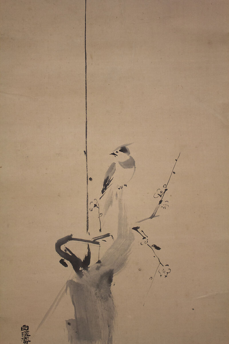 Crested Bird on Stump of Plum Tree, Attributed to Kano Naonobu (Japanese, 1607–1650), Hanging scroll; ink on paper, Japan