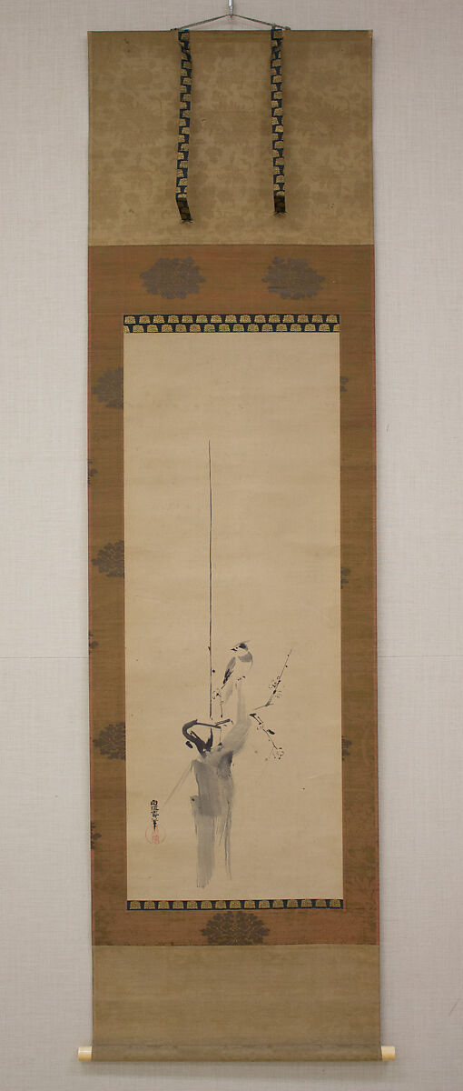 Crested Bird on Stump of Plum Tree, Attributed to Kano Naonobu (Japanese, 1607–1650), Hanging scroll; ink on paper, Japan