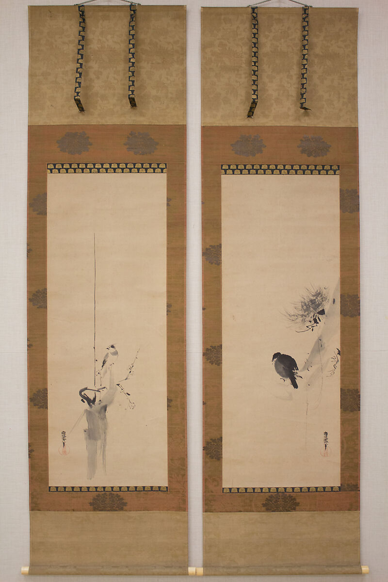 Crested Bird on Stump of Plum Tree, Attributed to Kano Naonobu (Japanese, 1607–1650), Hanging scroll; ink on paper, Japan 