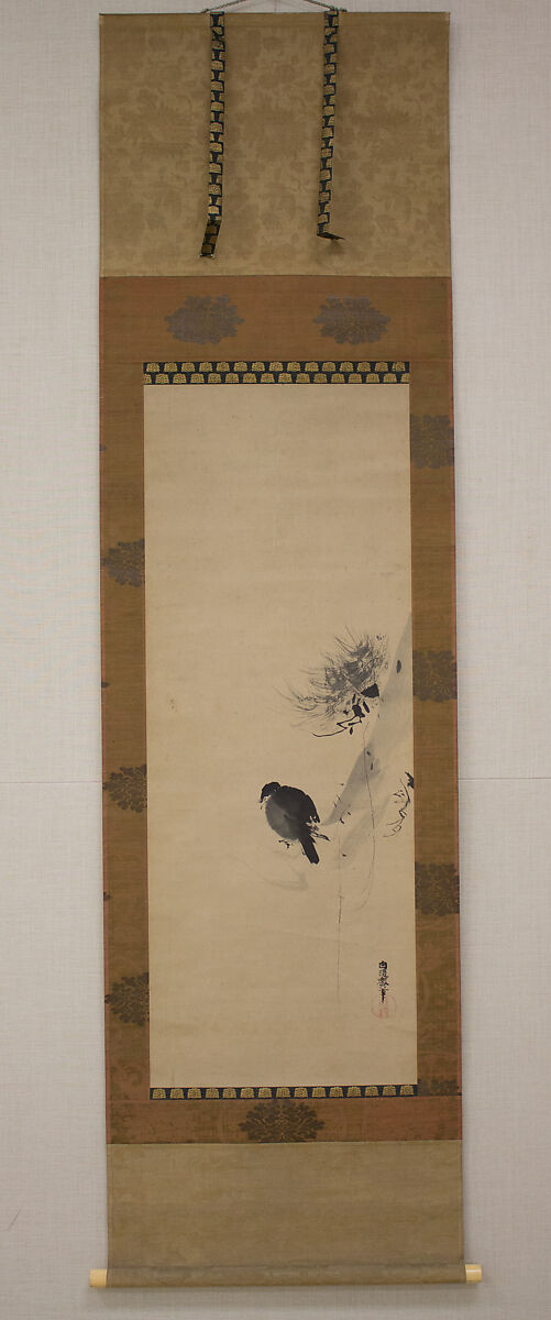 Crested Bird on Stump of Plum Tree, Attributed to Kano Naonobu (Japanese, 1607–1650), Hanging scroll; ink on paper, Japan