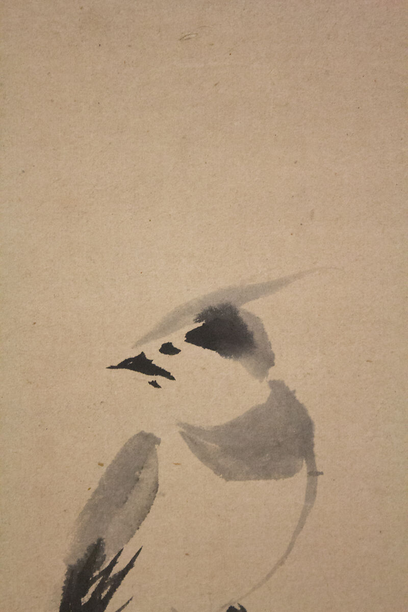 Crested Bird on Stump of Plum Tree, Attributed to Kano Naonobu (Japanese, 1607–1650), Hanging scroll; ink on paper, Japan