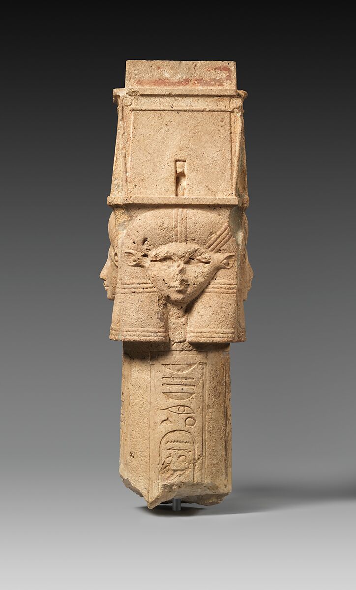 Column with Hathor-emblem capital and names of Nectanebo I on the shaft, Limestone, paint