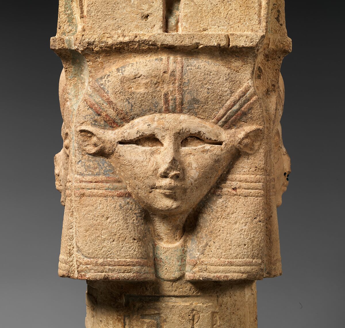 Column with Hathor-emblem capital and names of Nectanebo I on the shaft, Limestone, paint
