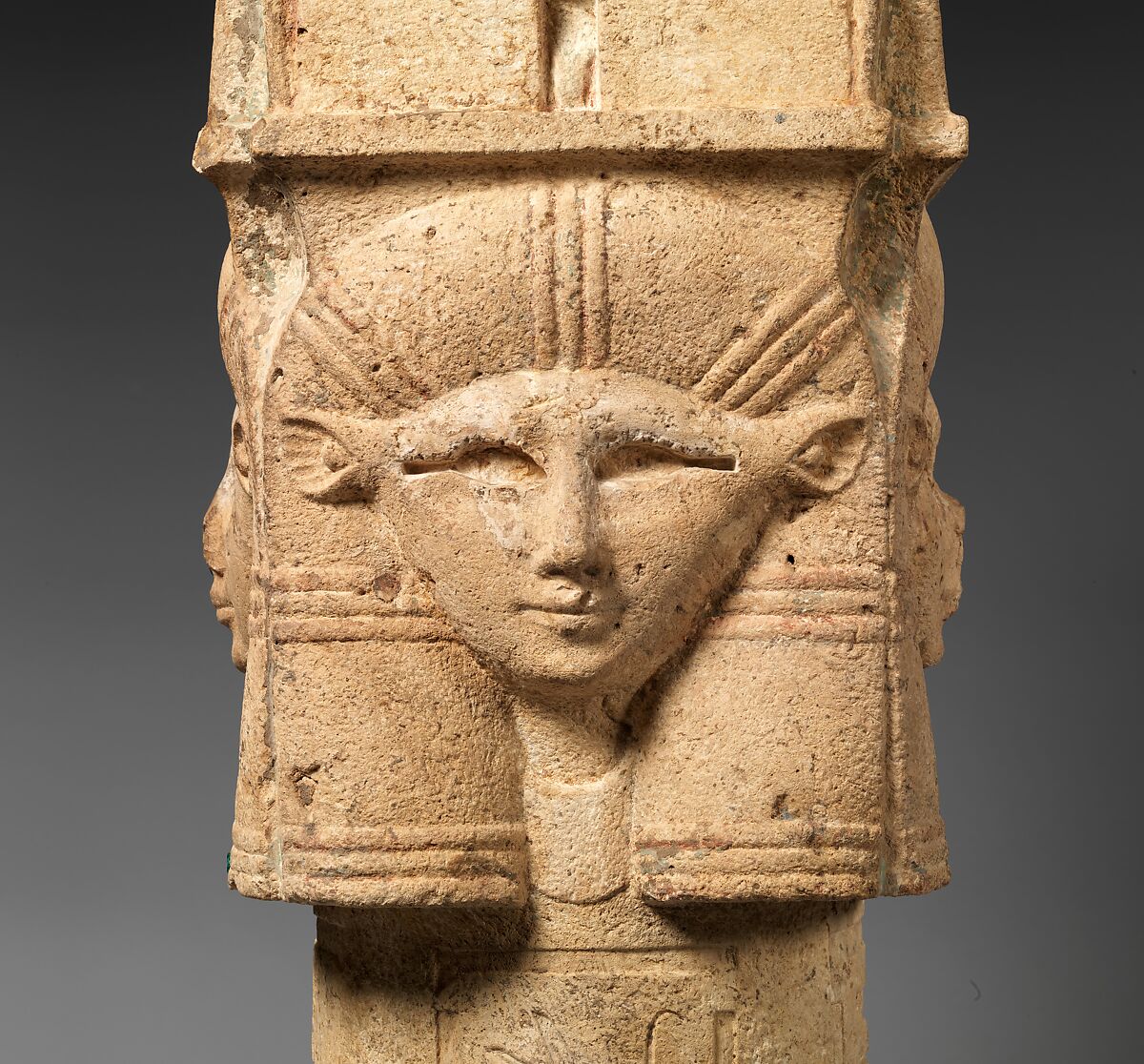 Column with Hathor-emblem capital and names of Nectanebo I on the shaft, Limestone, paint