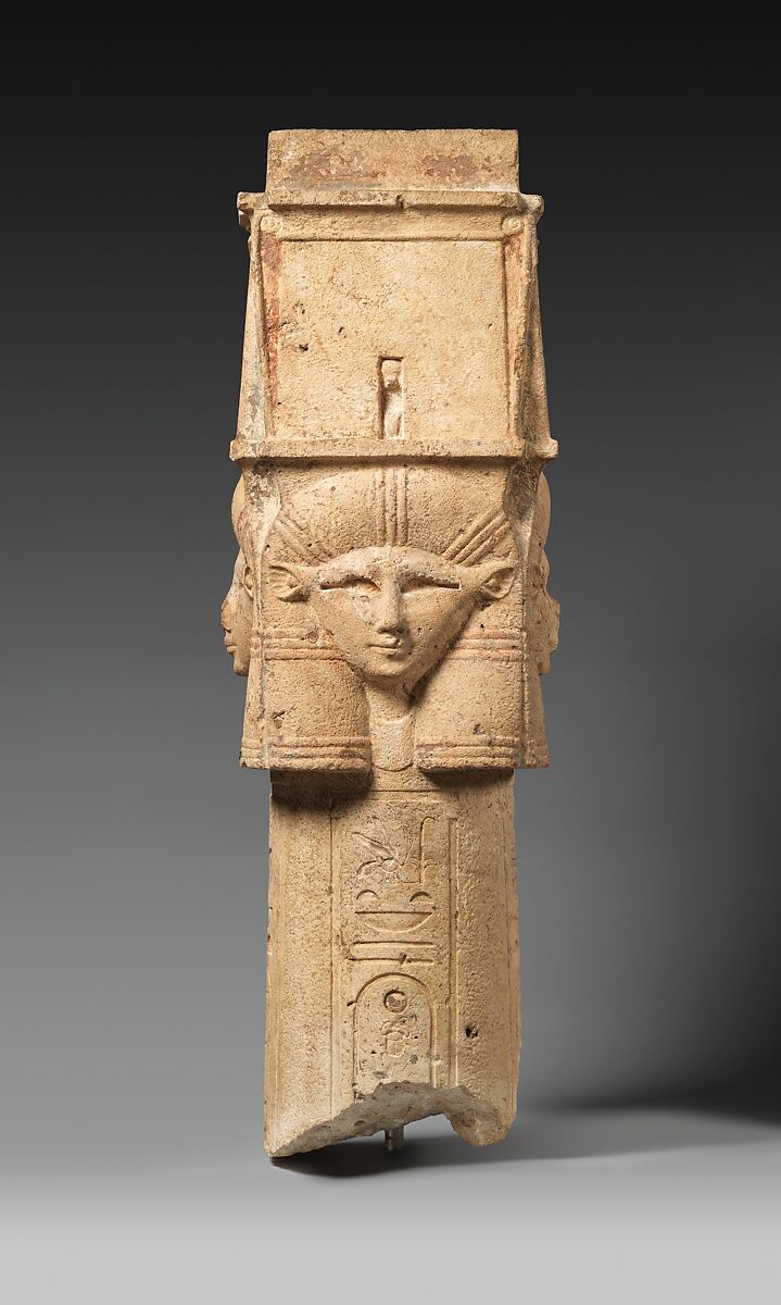 Column with Hathor-emblem capital and names of Nectanebo I on the shaft, Limestone, paint