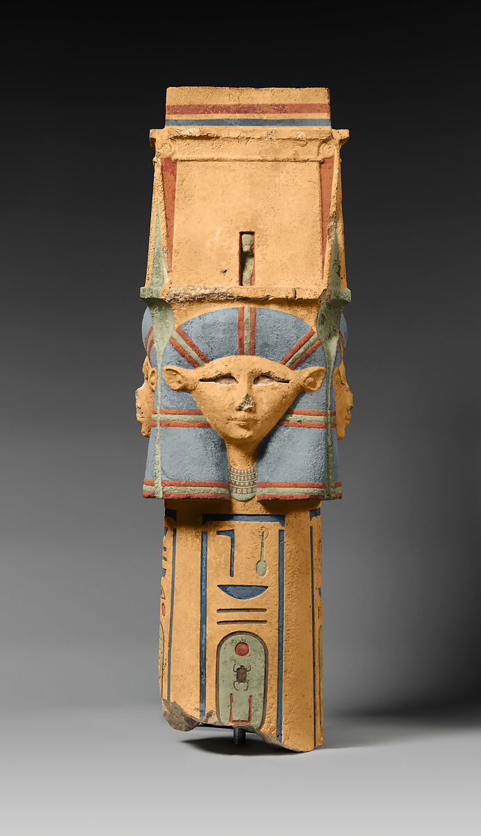 Column with Hathor-emblem capital and names of Nectanebo I on the shaft, Limestone, paint