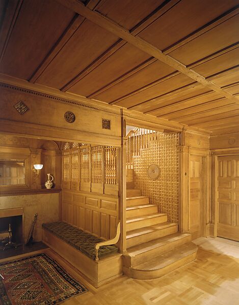 Stair hall from the Metcalfe House, Buffalo, New York, McKim, Mead and White, Oak, cherry, leaded glass, and marble, American 