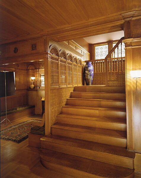 Stair hall from the Metcalfe House, Buffalo, New York, McKim, Mead and White, Oak, cherry, leaded glass, and marble, American