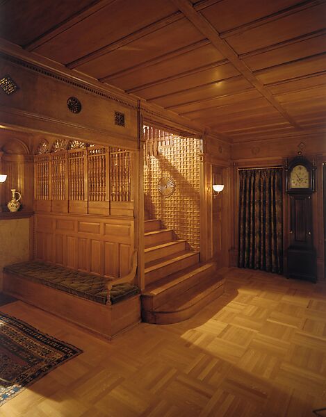 Stair hall from the Metcalfe House, Buffalo, New York, McKim, Mead and White, Oak, cherry, leaded glass, and marble, American