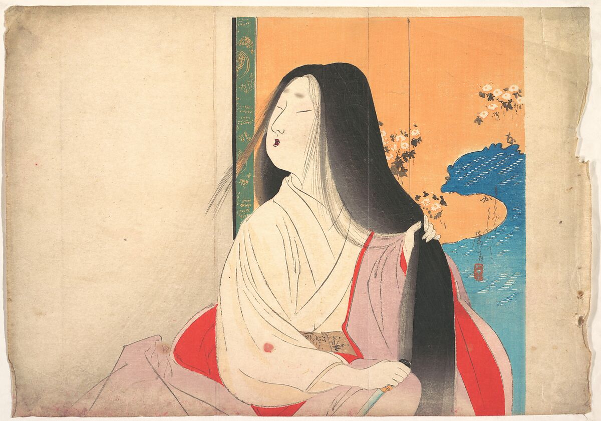 Lady Kesa from kuchie (frontispiece) of a novel, Tomioka Eisen (Japanese, 1864–1905), Woodblock print; ink and color on paper, Japan 