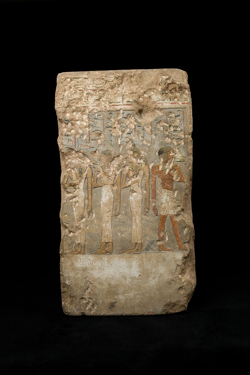 Shrine with statues and relief, Sandstone, paint