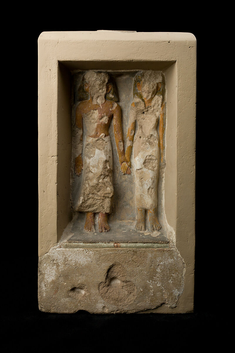 Shrine with statues and relief, Sandstone, paint