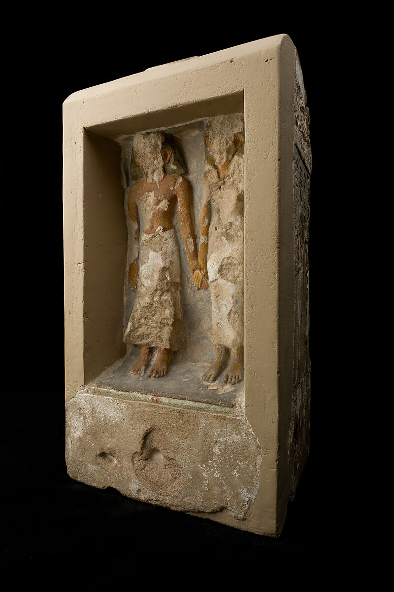 Shrine with statues and relief, Sandstone, paint