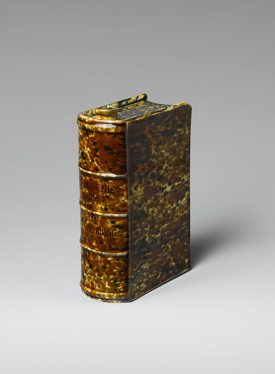 Book flask, United States Pottery Company (1852–58), Mottled brown earthenware, American 