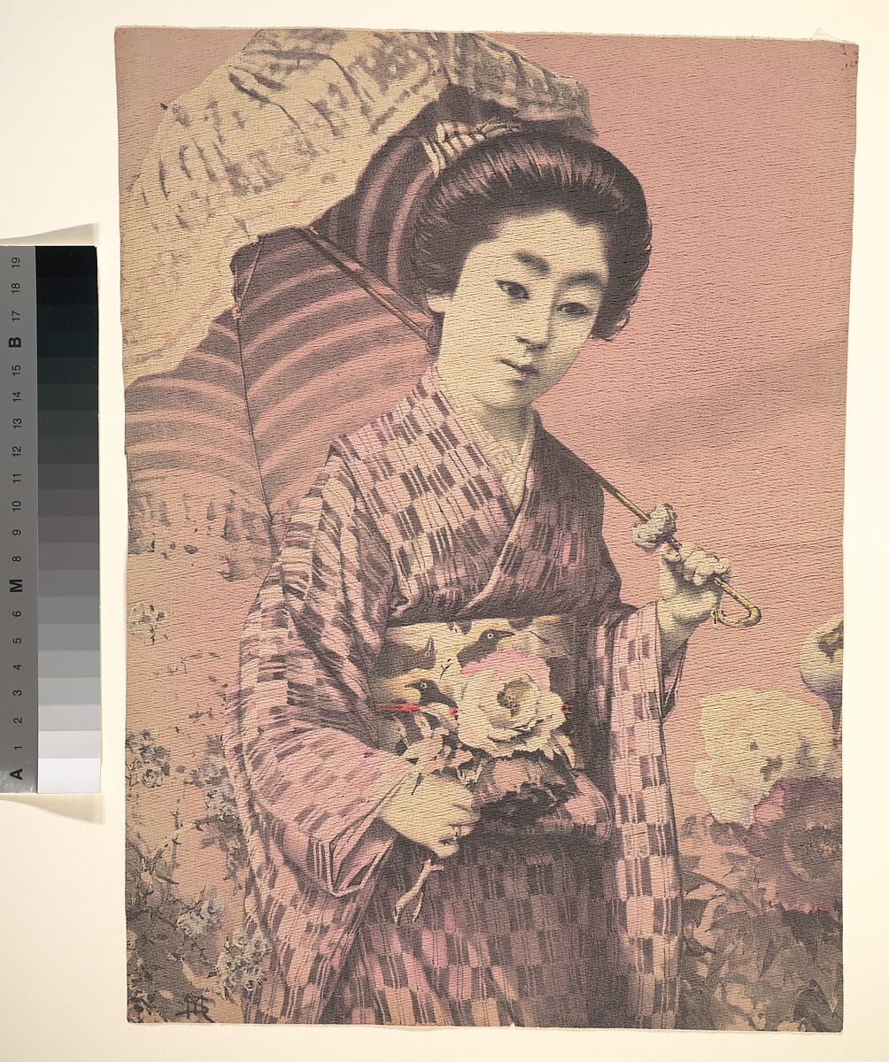 Girl Carrying a Parasol, Unidentified artist, Woodblock print; ink and color on crepe paper (chirimen-gami), Japan