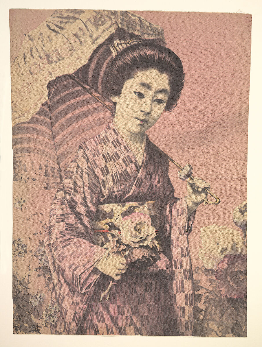 Girl Carrying a Parasol, Unidentified artist, Woodblock print; ink and color on crepe paper (chirimen-gami), Japan