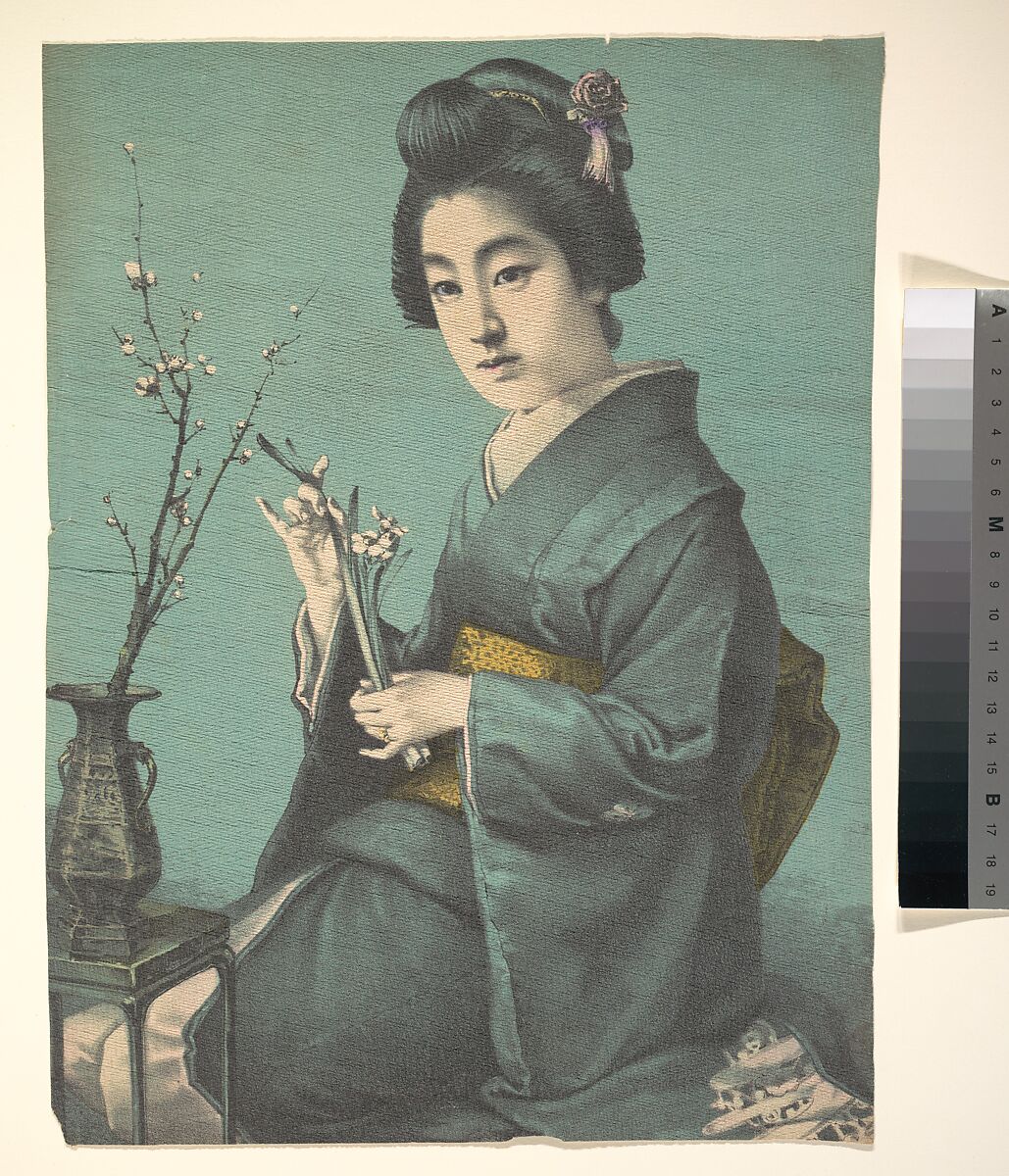 Girl with Plum Blossoms, Unidentified artist, Woodblock print; ink and color on paper (crepon), Japan 