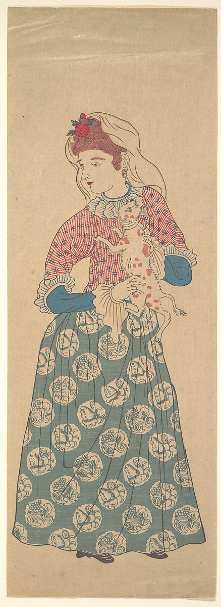 Dutch Woman Holding a Dog, Unidentified artist, Woodblock print; ink and color on paper, Japan 