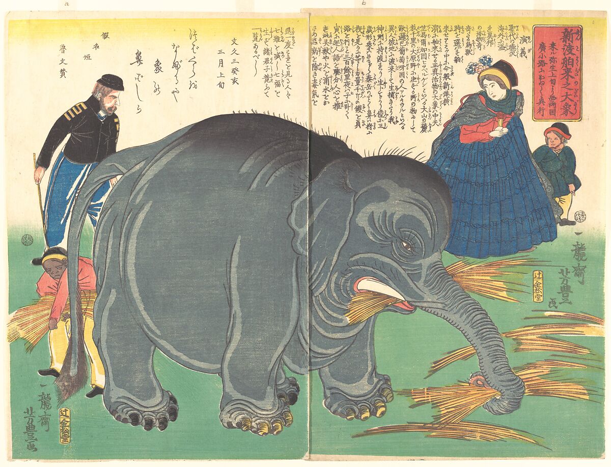 Recently Imported Big Elephant, Ichiryūsai Yoshitoyo (Japanese, 1830–1866), Diptych of woodblock prints; ink and color on paper, Japan 