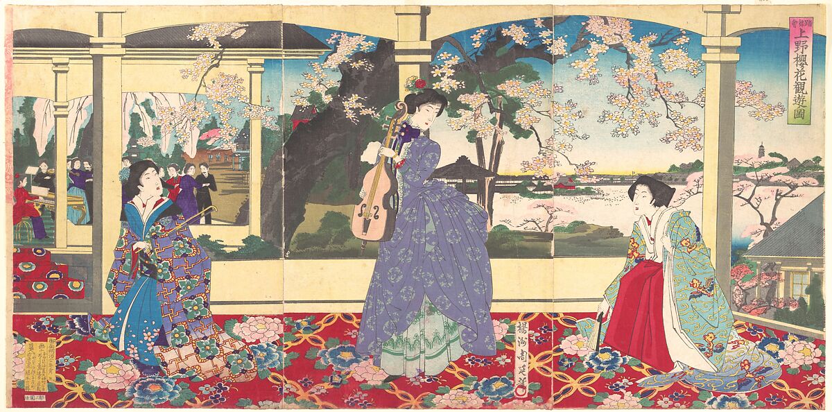 A  Dance Party: Enjoying Cherry Blossom Viewing at Ueno  (Tōbukai Ueno ōka yūran no zu), Yōshū (Hashimoto) Chikanobu (Japanese, 1838–1912), Triptych of woodblock prints; ink and color on paper, Japan 