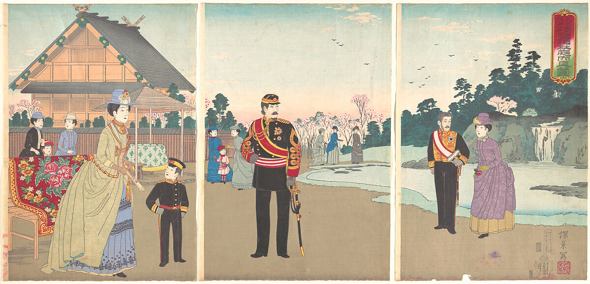 True View of the Courtyard of Yasukuni Shrine at Kudan Sakaue  (Kudan Sakaue Yasukuni jinsha teinai shin zu), Inoue Yasuji (Japanese, 1864–1889), Triptych of woodblock prints; ink and color on paper, Japan 